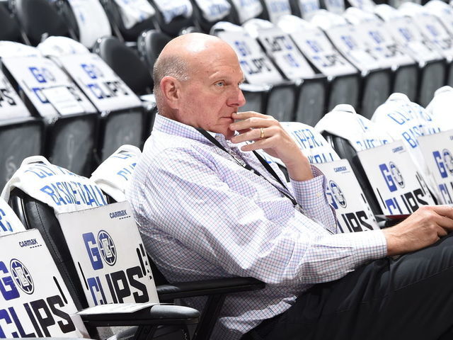 LOS ANGELES, CA - APRIL 15: Owner, Steve Ballmer of the LA Clippers attends the game between the New Orleans Pelicans and the LA Clippers during the 2022 Play-In Tournament on April 15, 2022 at Crypto.Com Arena in Los Angeles, California. NOTE TO USER: User expressly acknowledges and agrees that, by downloading and/or using this Photograph, user is consenting to the terms and conditions of the Getty Images License Agreement. Mandatory Copyright Notice: Copyright 2022 NBAE