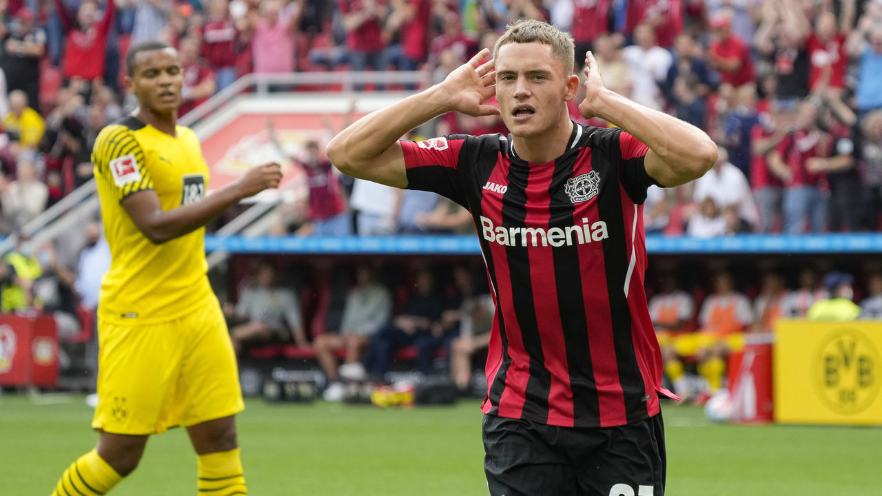 LEVERKUSEN, GERMANY - September 11: (BILD ZEITUNG OUT) Florian Wirtz of Bayer 04 Leverkusen celebrates after scoring his team's first goal during the Bundesliga match between Bayer 04 Leverkusen and Borussia Dortmund at BayArena on September 11, 2021 in Leverkusen, Germany.