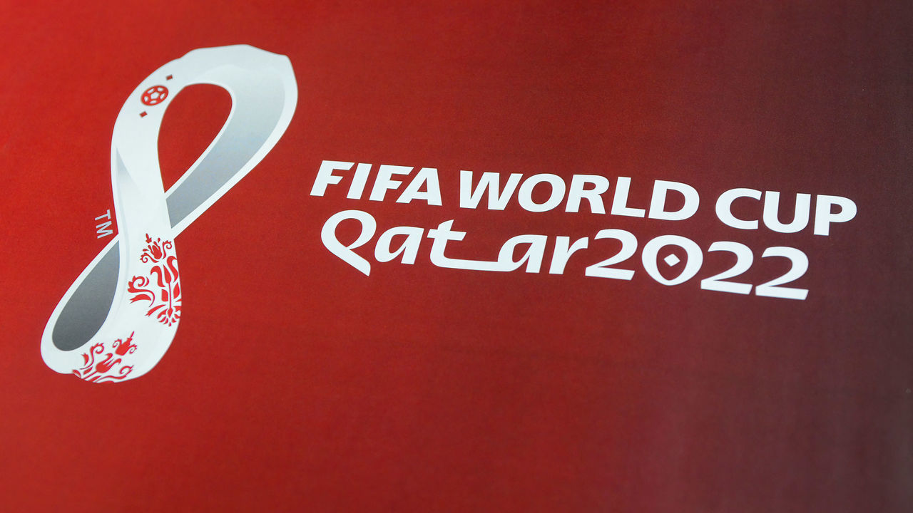 KYIV, UKRAINE - 2021/11/09: Official logo FIFA World Cup 2022 in Qatar printed on banner during training session on the eve of the FIFA World Cup Qatar 2022 qualification at the Olympic stadium in Kyiv.
