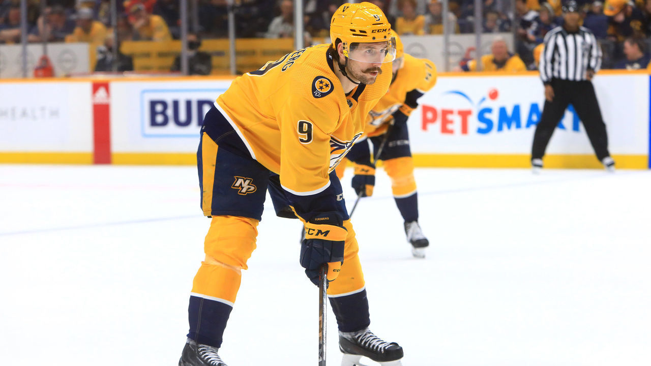 NASHVILLE, TN - MAY 09: Nashville Predators left wing Filip Forsberg (9), of Sweden, is shown during Game 4 of the first round of the Stanley Cup Playoffs between the Nashville Predators and Colorado Avalanche, held on May 9, 2022, at Bridgestone Arena in Nashville, Tennessee.