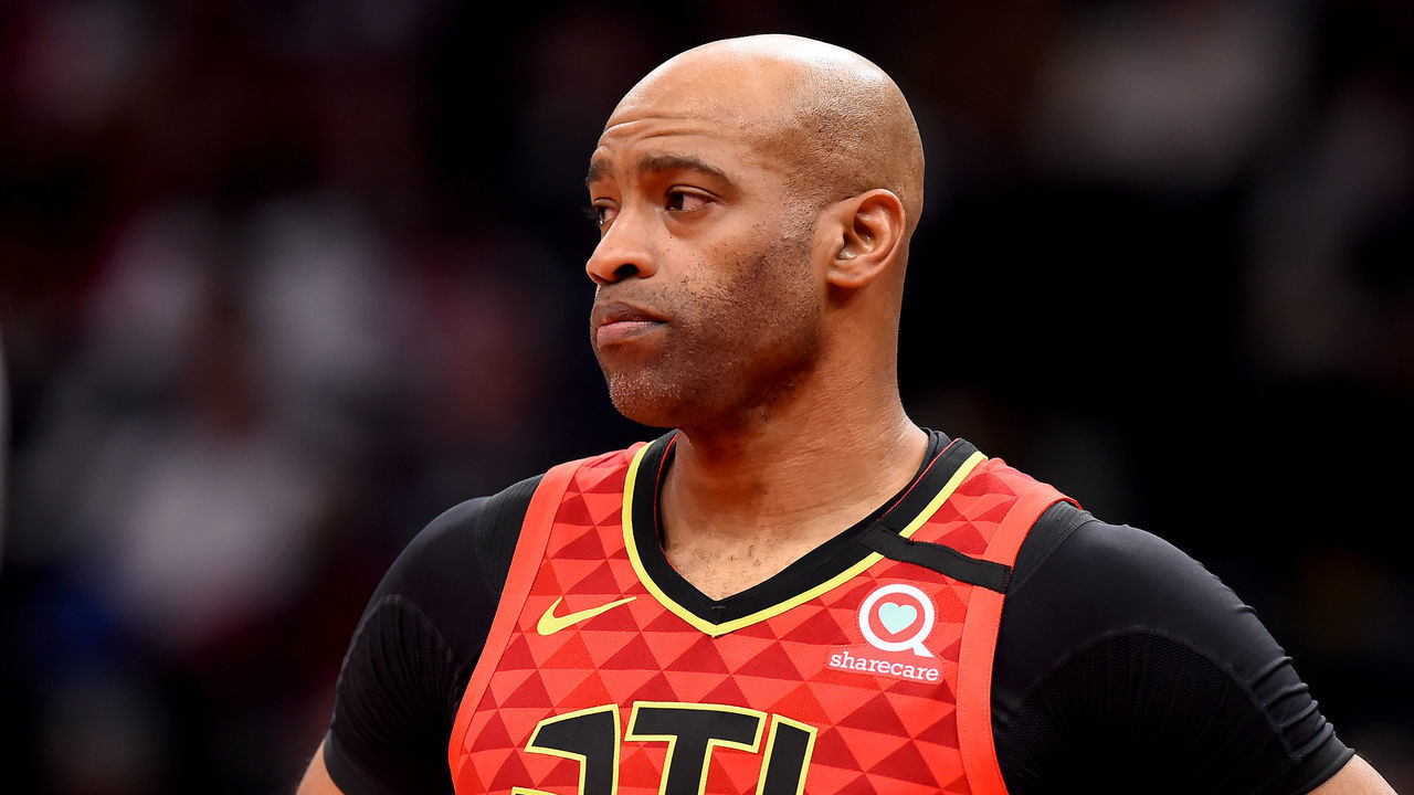 WASHINGTON, DC - MARCH 06: Vince Carter #15 of the Atlanta Hawks looks on against the Washington Wizards during the second half at Capital One Arena on March 06, 2020 in Washington, DC.