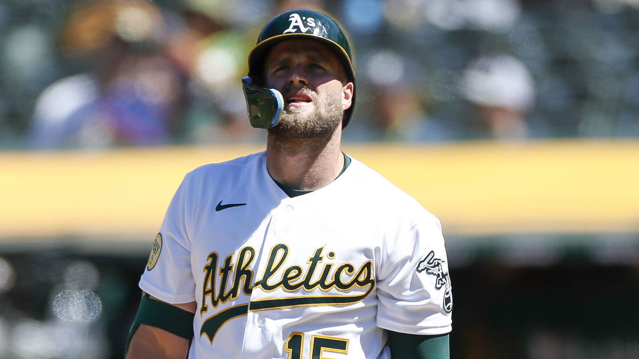 OAKLAND, CA - MAY 29: Oakland Athletics first basemen Seth Brown (15) looks on during a regular season game between the Oakland Athletics and Texas Rangers on May 29, 2022, at RingCentral Coliseum in Oakland, CA.