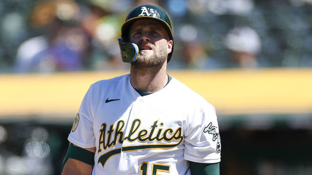 OAKLAND, CA - MAY 29: Oakland Athletics first basemen Seth Brown (15) looks on during a regular season game between the Oakland Athletics and Texas Rangers on May 29, 2022, at RingCentral Coliseum in Oakland, CA.