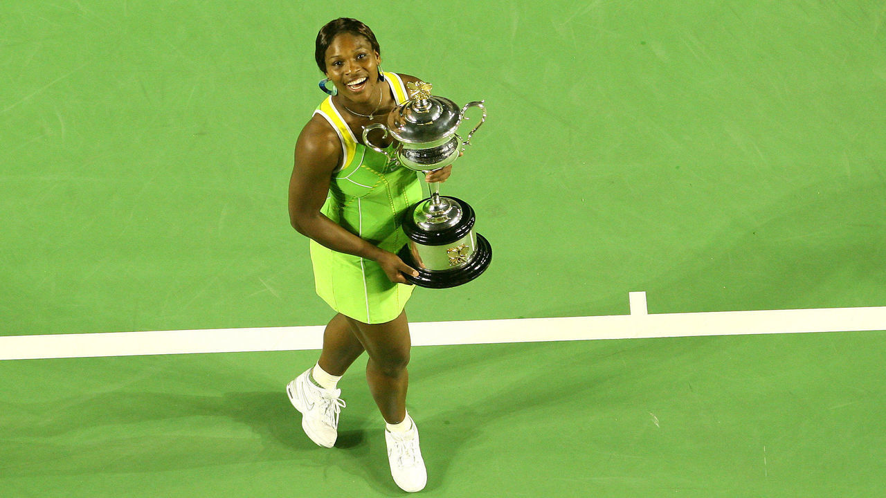 (AUSTRALIA OUT) Australian Open 2007. American Serena Williams with the winner's trophy after claiming victory over Russia's Maria Sharapova in the Women's Singles final at the 2007 Australian Open tennis tournament at Rod Laver Arena at Melbourne Park. Williams, ranked 81 in the world, defeated top seed Sharapova in straight sets, 6-1, 6-2, 27 January 2007. THE AGE SPORT Picture by PAT SCALA