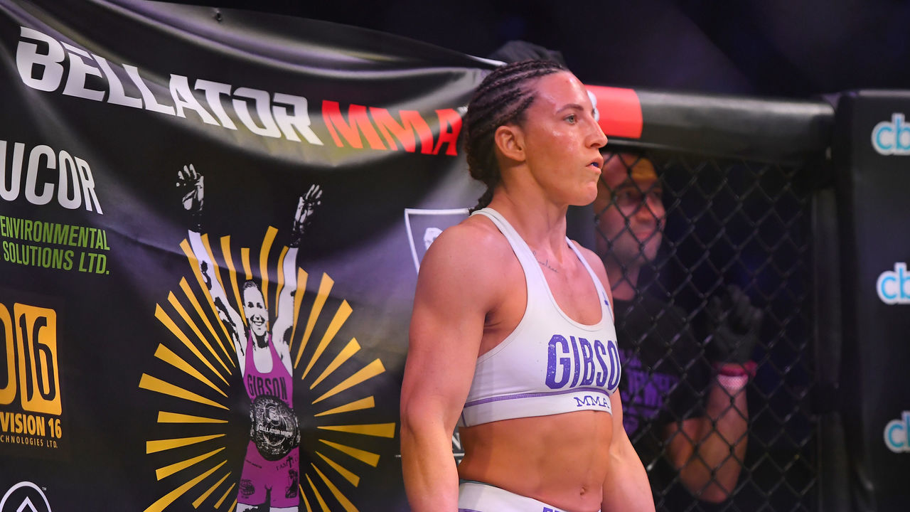 INGLEWOOD, CA - JANUARY 25: Julia Budd in the cage for her featherweight world title fight against Cris Cyborg at The Forum on January 25, 2020 in Inglewood, California. Cyborg won by TKO in the 4th round.