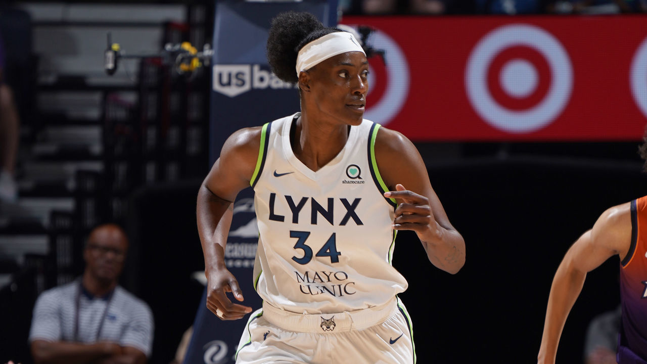 MINNEAPOLIS, MN - JUNE 23: Sylvia Fowles #34 of the Minnesota Lynx runs on to the court during the game against the Phoenix Mercury on June 23, 2022 at Target Center in Minneapolis, Minnesota. Mandatory Copyright Notice: Copyright 2022 NBAE