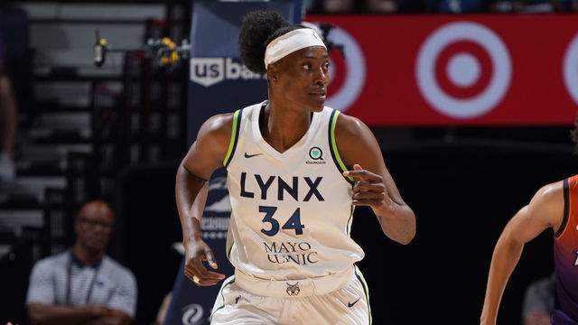 MINNEAPOLIS, MN - JUNE 23: Sylvia Fowles #34 of the Minnesota Lynx runs on to the court during the game against the Phoenix Mercury on June 23, 2022 at Target Center in Minneapolis, Minnesota. Mandatory Copyright Notice: Copyright 2022 NBAE