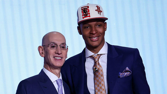 NEW YORK, NY, USA - JUNE 23: Jabari Smith Jr. poses for a photo with NBA Commissioner, Adam Silver (L) after being selected number three overall by the Houston Rockets during the 2022 NBA Draft on June 23, 2022 at Barclays Center in Brooklyn, New York, United States.