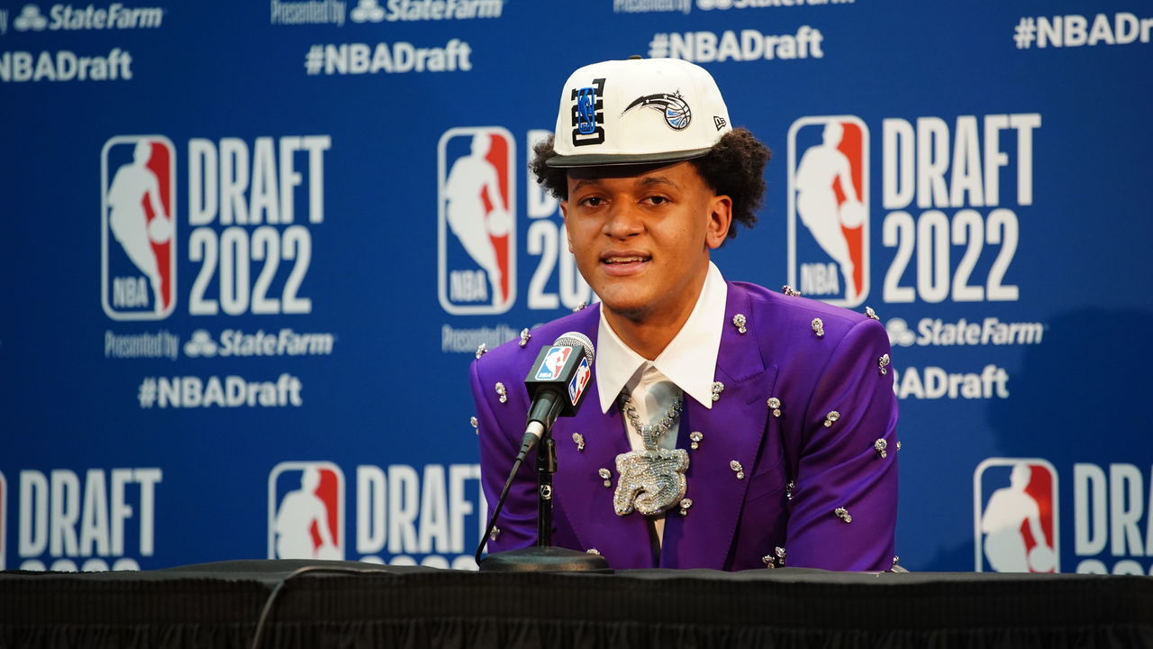 BROOKLYN, NY - JUNE 23: Paolo Banchero talks to the media after being selected by the Orlando Magic during the 2022 NBA Draft on June 23, 2022 at Barclays Center in Brooklyn, New York. Mandatory Copyright Notice: Copyright 2022 NBAE
