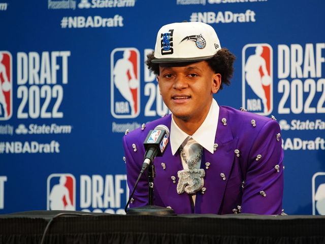 BROOKLYN, NY - JUNE 23: Paolo Banchero talks to the media after being selected by the Orlando Magic during the 2022 NBA Draft on June 23, 2022 at Barclays Center in Brooklyn, New York. Mandatory Copyright Notice: Copyright 2022 NBAE