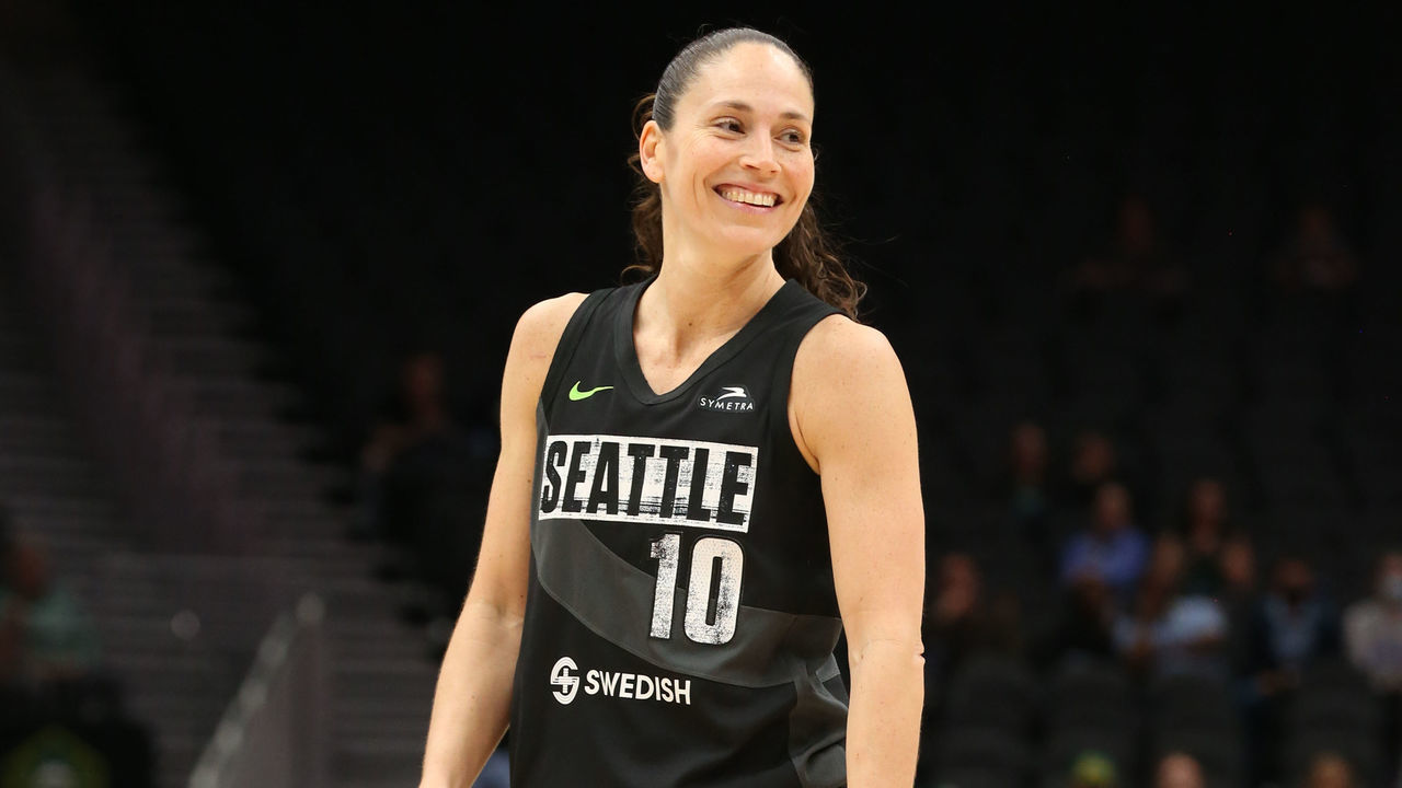 SEATTLE, WA - JUNE 23: Sue Bird #10 of the Seattle Storm smiles during the game against the Washington Mystics on June 23, 2022 at the Climate Pledge Arena, in Seattle, Washington. Mandatory Copyright Notice: Copyright 2022 NBAE