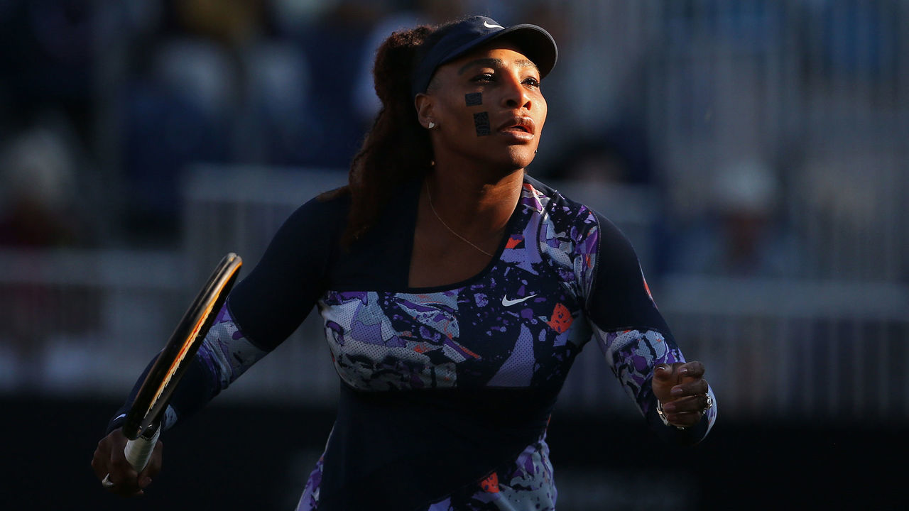 EASTBOURNE, ENGLAND - JUNE 22: Serena Williams of the United States warms up prior to playing in the Womens doubles quarter final with Ons Jabeur of Tunisia against Shuko Aoyama of Japan and Hao-Ching Chan of Chinese Taipei on Day 5 at Devonshire Park on June 22, 2022 in Eastbourne, England.