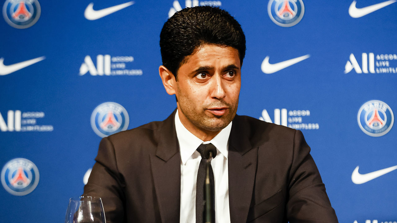 PARIS, FRANCE - MAY 23: Nasser Al-Khelaifi talks during the Press Conference of Paris Saint-Germain at Parc des Princes on May 23, 2022 in Paris, France.