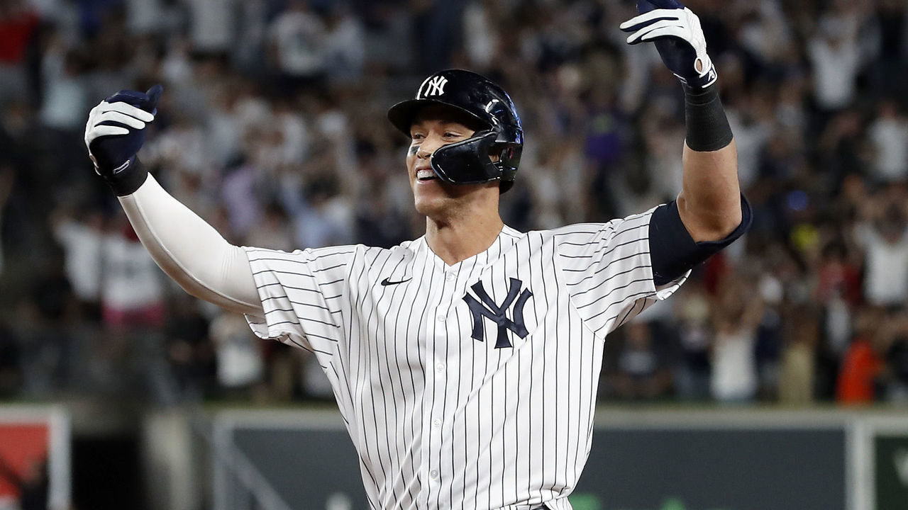 NEW YORK, NEW YORK - JUNE 23: Aaron Judge #99 of the New York Yankees celebrates his ninth inning game winning base hit against the Houston Astros at Yankee Stadium on June 23, 2022 in New York City. The Yankees defeated the Astros 7-6.