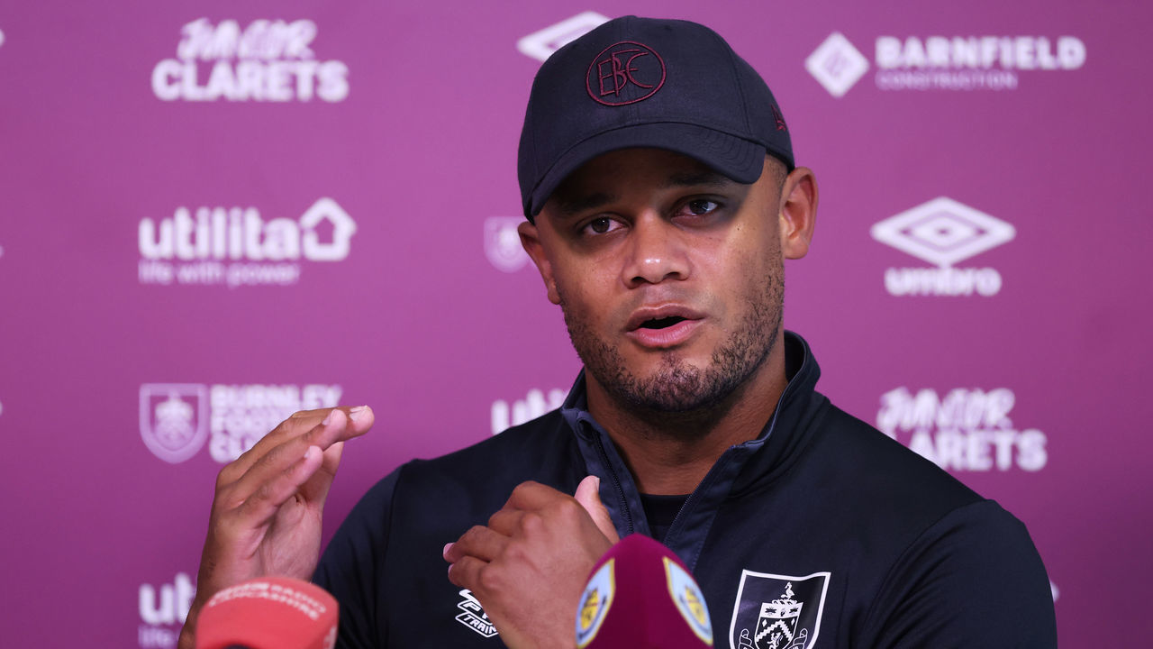 BURNLEY, ENGLAND - JUNE 24: Vincent Kompany, Manager of Burnley talks to the media during the Burnley FC Press Conference at Barnfield Training Centre on June 24, 2022 in Burnley, England.
