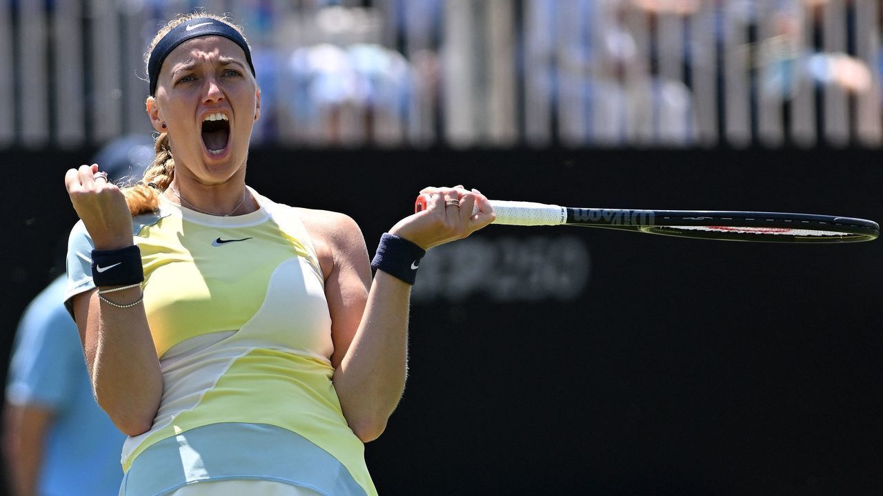 Czech Republic's Petra Kvitova reacts after beating Brazil's Beatriz Haddad Maia in their women's singles semi-final tennis match at the Eastbourne International tennis tournament in Eastbourne, southern England, on June 24, 2022.