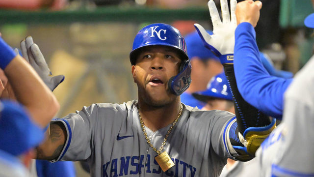 ANAHEIM, CA - JUNE 20: Salvador Perez #13 of the Kansas City Royals celebrates his two-run home run in the eighth inning against the Los Angeles Angels at Angel Stadium of Anaheim on June 20, 2022 in Anaheim, California.