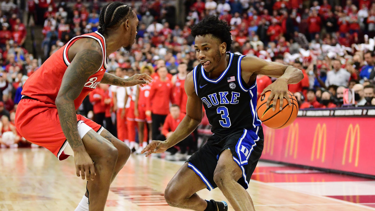 COLUMBUS, OHIO - NOVEMBER 30: Jeremy Roach #3 of the Duke Blue Devils drives against Cedric Russell #2 of the Ohio State Buckeyes during the second half of a game at Value City Arena on November 30, 2021 in Columbus, Ohio.