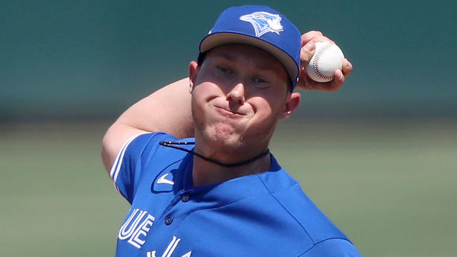 LAKELAND, MI - MARCH 21: Toronto Blue Jays pitcher Nate Pearson (24) delivers a pitch to the plate during the spring training game between the Toronto Blue Jays and the Detroit Tigers on March 21, 2021 at Publix Field at Joker Marchant Stadium in Lakeland, FL.