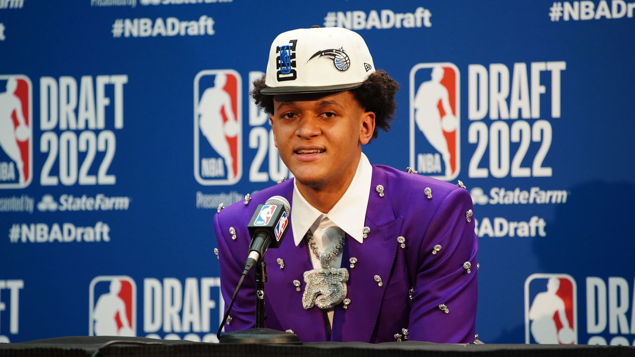 BROOKLYN, NY - JUNE 23: Paolo Banchero talks to the media after being selected by the Orlando Magic during the 2022 NBA Draft on June 23, 2022 at Barclays Center in Brooklyn, New York. Mandatory Copyright Notice: Copyright 2022 NBAE