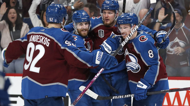 DENVER, COLORADO - JUNE 24: (L-R) Gabriel Landeskog #92, Devon Toews #7, Valeri Nichushkin #13 and Cale Makar #8 of the Colorado Avalanche celebrate a goal against the Tampa Bay Lightning in the third period of Game Five of the 2022 Stanley Cup Final at Ball Arena on June 24, 2022 in Denver.