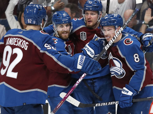 DENVER, COLORADO - JUNE 24: (L-R) Gabriel Landeskog #92, Devon Toews #7, Valeri Nichushkin #13 and Cale Makar #8 of the Colorado Avalanche celebrate a goal against the Tampa Bay Lightning in the third period of Game Five of the 2022 Stanley Cup Final at Ball Arena on June 24, 2022 in Denver.