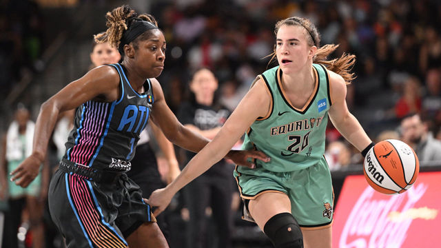 COLLEGE PARK, GA - JUNE 24: Sabrina Ionescu #20 of the New York Liberty dribbles the ball during the game against the Atlanta Dream on June 24, 2022 at Gateway Center Arena in College Park, Georgia. NOTE TO USER: User expressly acknowledges and agrees that, by downloading and/or using this Photograph, user is consenting to the terms and conditions of the Getty Images License Agreement. Mandatory Copyright Notice: Copyright 2022 NBAE