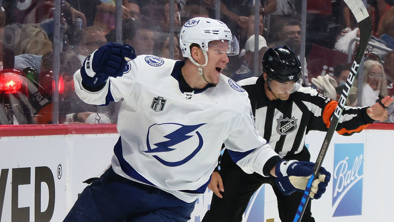 DENVER, COLORADO - JUNE 24: Ondrej Palat #18 of the Tampa Bay Lightning celebrates a goal during the third period in Game Five of the 2022 NHL Stanley Cup Final against the Colorado Avalanche at Ball Arena on June 24, 2022 in Denver, Colorado.