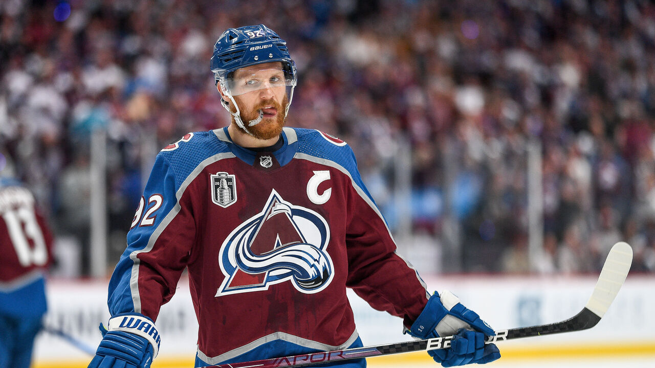 DENVER, CO - JUNE 24: Colorado Avalanche left wing Gabriel Landeskog (92) looks on during the Stanley Cup Finals game 5 between the Tampa Bay Lightning and the Colorado Avalanche at Ball Arena in Denver, Colorado on June 24, 2022.