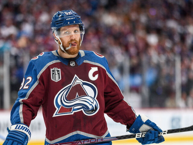 DENVER, CO - JUNE 24: Colorado Avalanche left wing Gabriel Landeskog (92) looks on during the Stanley Cup Finals game 5 between the Tampa Bay Lightning and the Colorado Avalanche at Ball Arena in Denver, Colorado on June 24, 2022.
