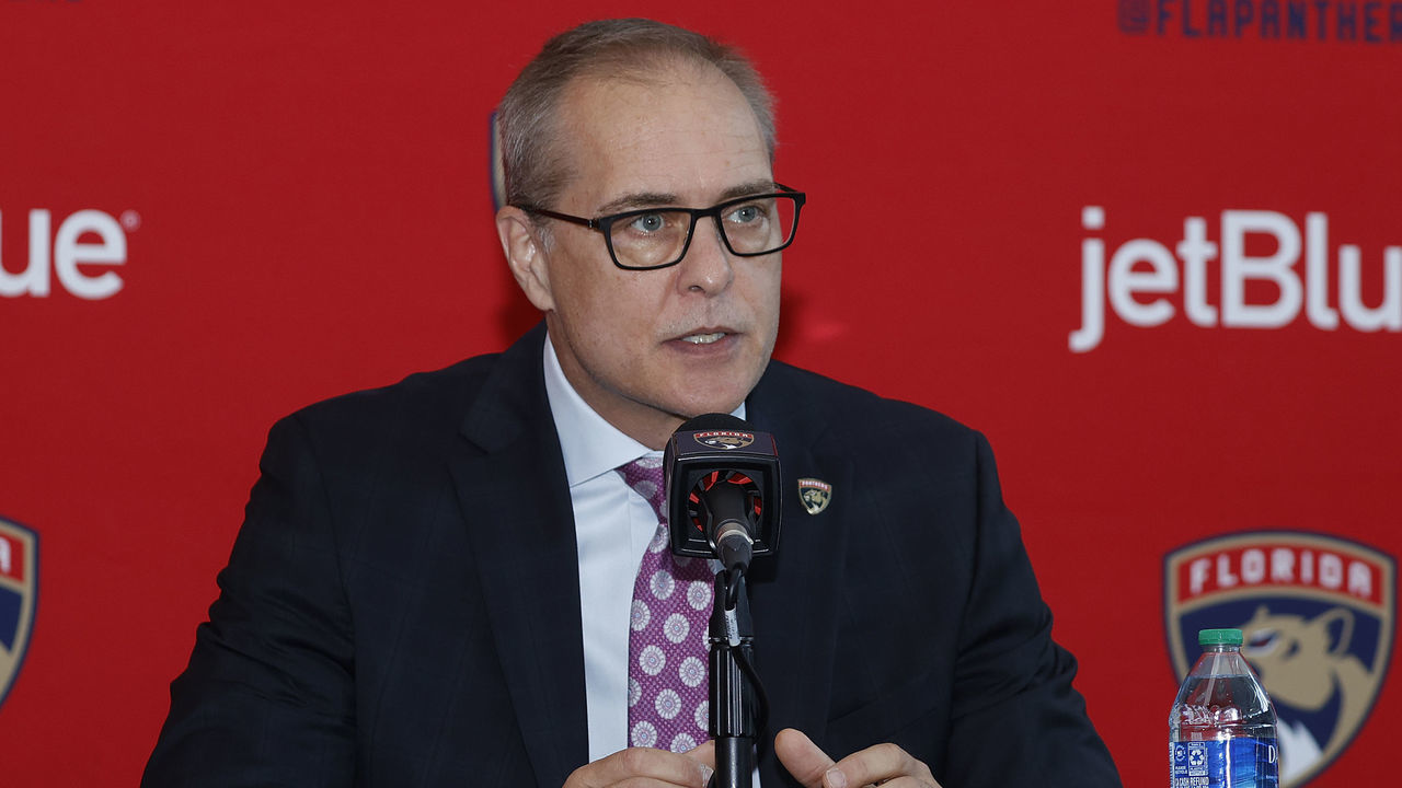 SUNRISE, FL - JUNE 23: Paul Maurice speaks to the media after being introduced as the new head coach of the Florida Panthers at the FLA Live Arena on June 23, 2022 in Sunrise, Florida.