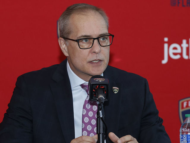 SUNRISE, FL - JUNE 23: Paul Maurice speaks to the media after being introduced as the new head coach of the Florida Panthers at the FLA Live Arena on June 23, 2022 in Sunrise, Florida.
