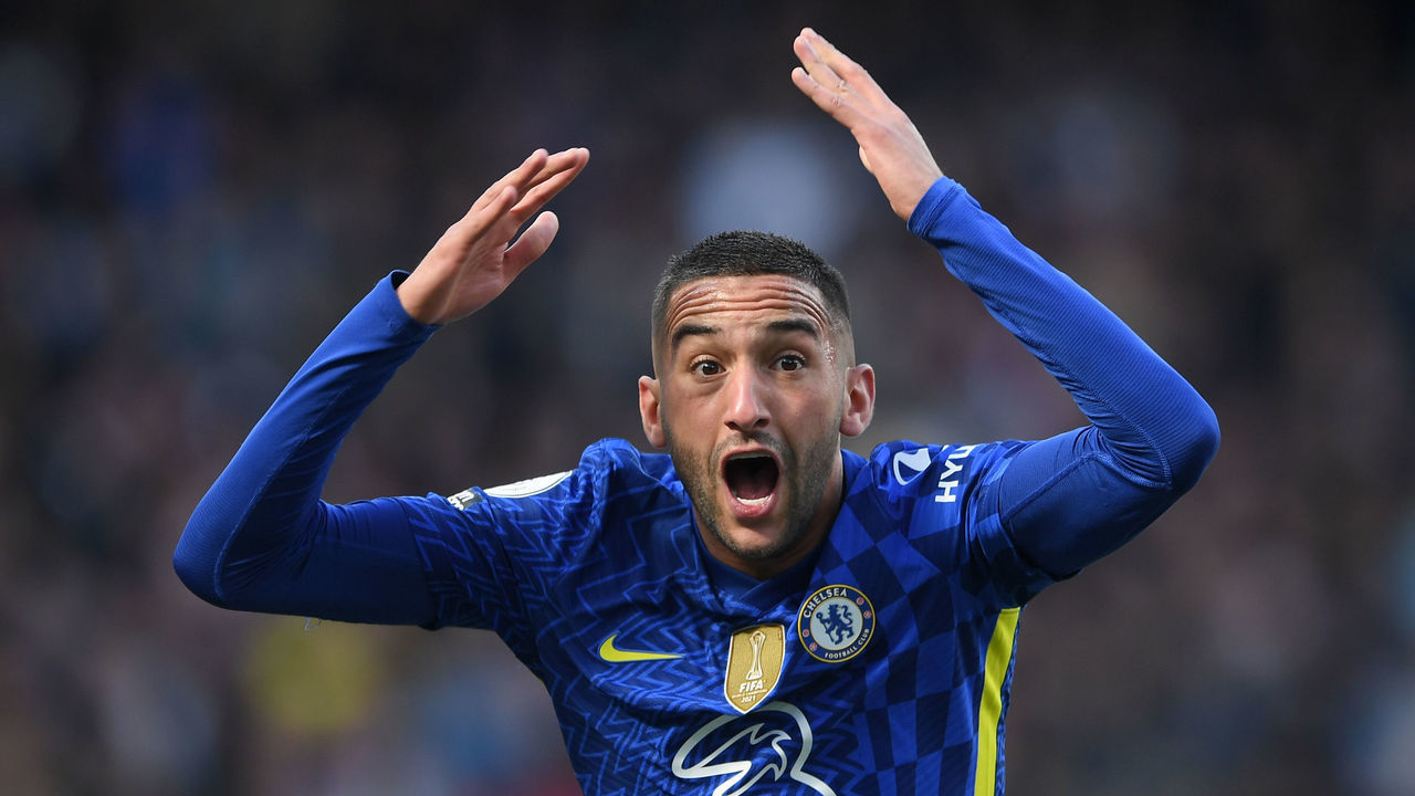LONDON, ENGLAND - APRIL 02: Hakim Ziyech of Chelsea reacts during the Premier League match between Chelsea and Brentford at Stamford Bridge on April 02, 2022 in London, England.