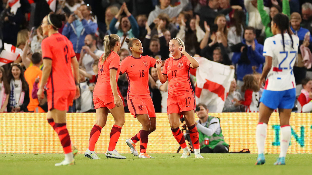 LEEDS, ENGLAND - JUNE 24: Beth Mead of England celebrates scoring their side's fifth goal with teammates Georgia Stanway and Nikita Parris during the Women's International friendly match between England and Netherlands at Elland Road on June 24, 2022 in Leeds, United Kingdom.