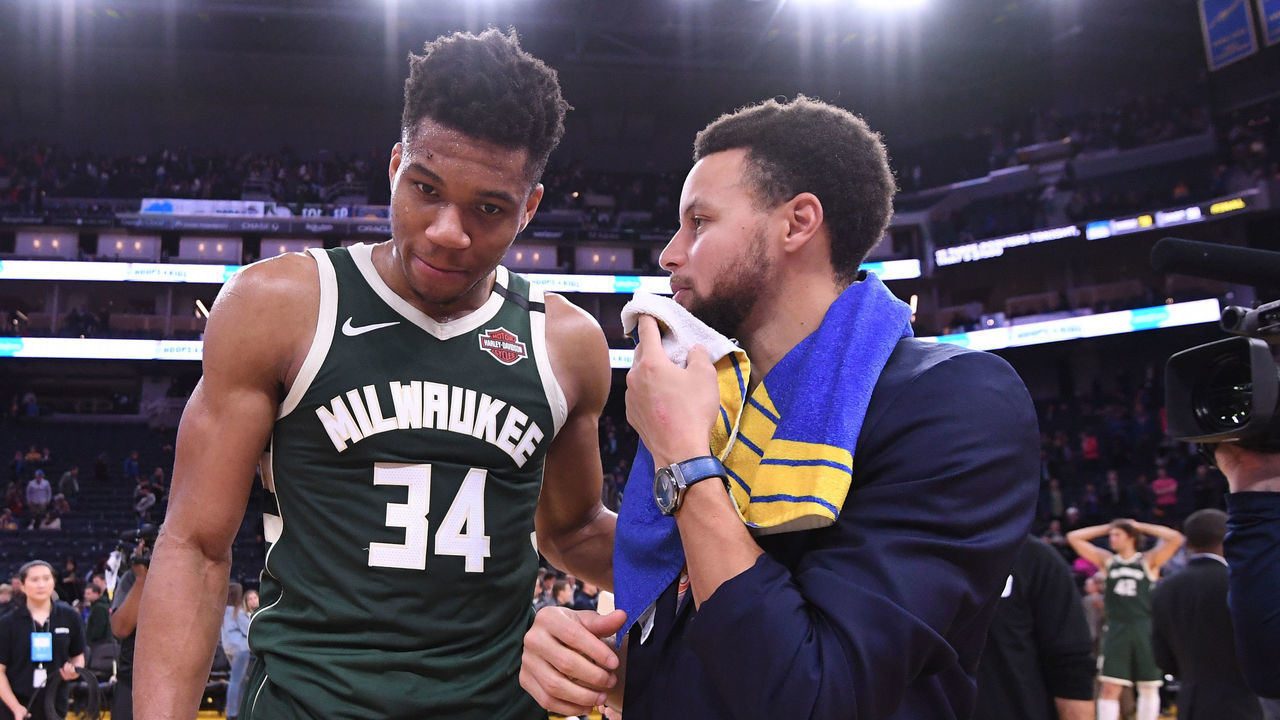 SAN FRANCISCO, CA - JANUARY 8: Giannis Antetokounmpo #34 of the Milwaukee Bucks and Stephen Curry #30 of the Golden State Warriors talk after a game on January 8, 2020 at Chase Center in San Francisco, California. NOTE TO USER: User expressly acknowledges and agrees that, by downloading and or using this photograph, user is consenting to the terms and conditions of Getty Images License Agreement. Mandatory Copyright Notice: Copyright 2020 NBAE