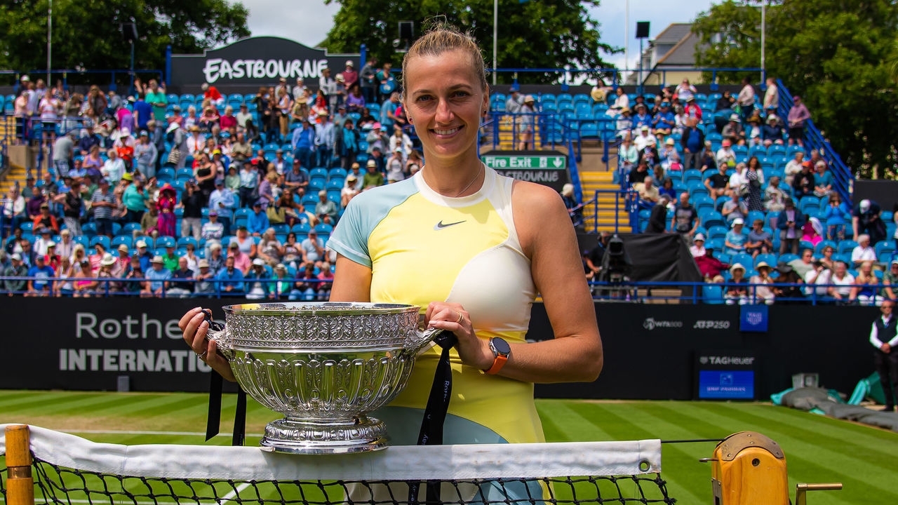 EASTBOURNE, ENGLAND - JUNE 25: Petra Kvitova of the Czech Republic poses with the champion's trophy after defeating Jelena Ostapenko of Latvia in the women's singles final on Day 8 of the Rothesay International at Devonshire Park on June 25, 2022 in Eastbourne, England