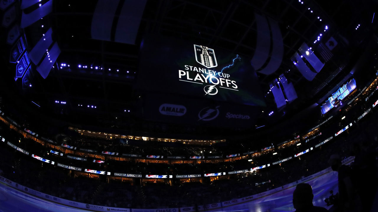 TAMPA, FLORIDA - JUNE 22: A general view of the ice is seen before the start of Game Four of the 2022 NHL Stanley Cup Final at Amalie Arena on June 22, 2022 in Tampa, Florida.