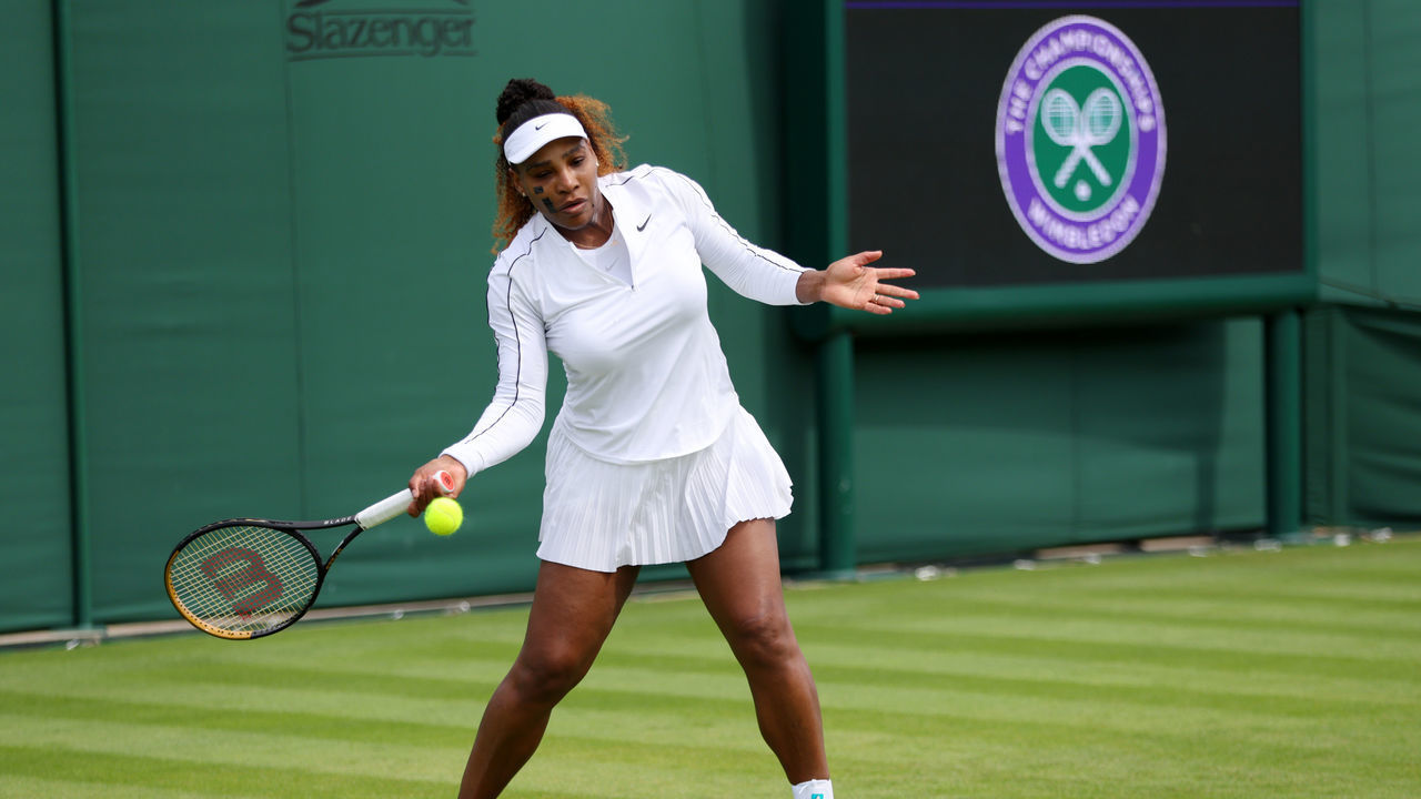 LONDON, ENGLAND - JUNE 25: Serena Williams of The United States plays a forehand during their training session ahead of The Championships Wimbledon 2022 at All England Lawn Tennis and Croquet Club on June 25, 2022 in London, England.