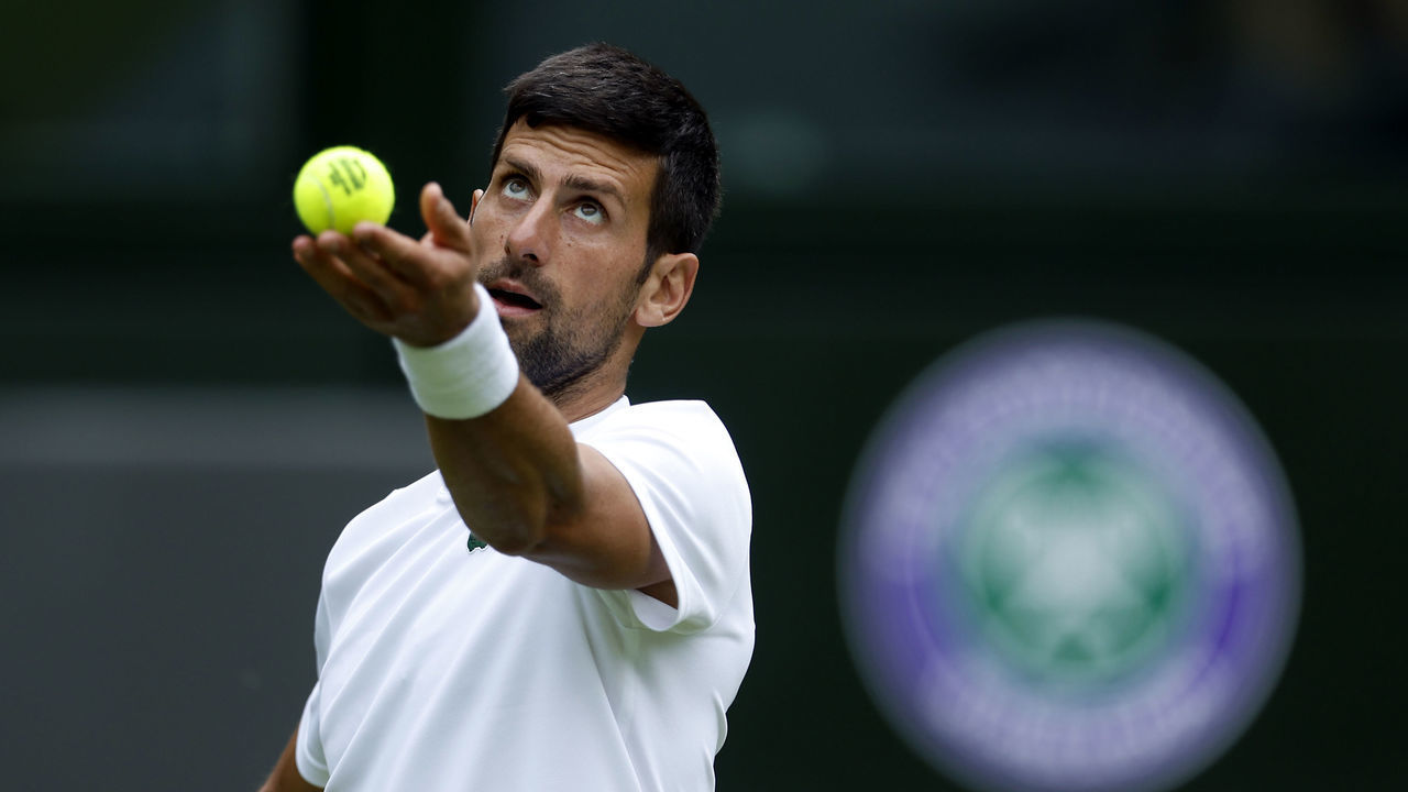 Novak Djokovic practices on centre court ahead of the 2022 Wimbledon Championship at the All England Lawn Tennis and Croquet Club, Wimbledon. Picture date: Thursday June 23, 2022.