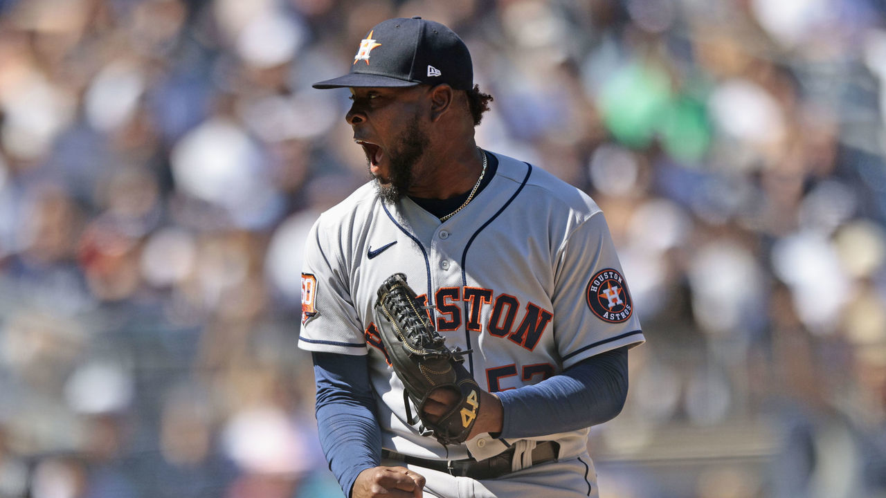 NEW YORK, NY - JUNE 25: Cristian Javier #53 of the Houston Astros reacts after striking out Gleyber Torres #25 of the New York Yankees to end the top of the seventh inning at Yankee Stadium on June 25, 2022 in the Bronx borough of New York City.