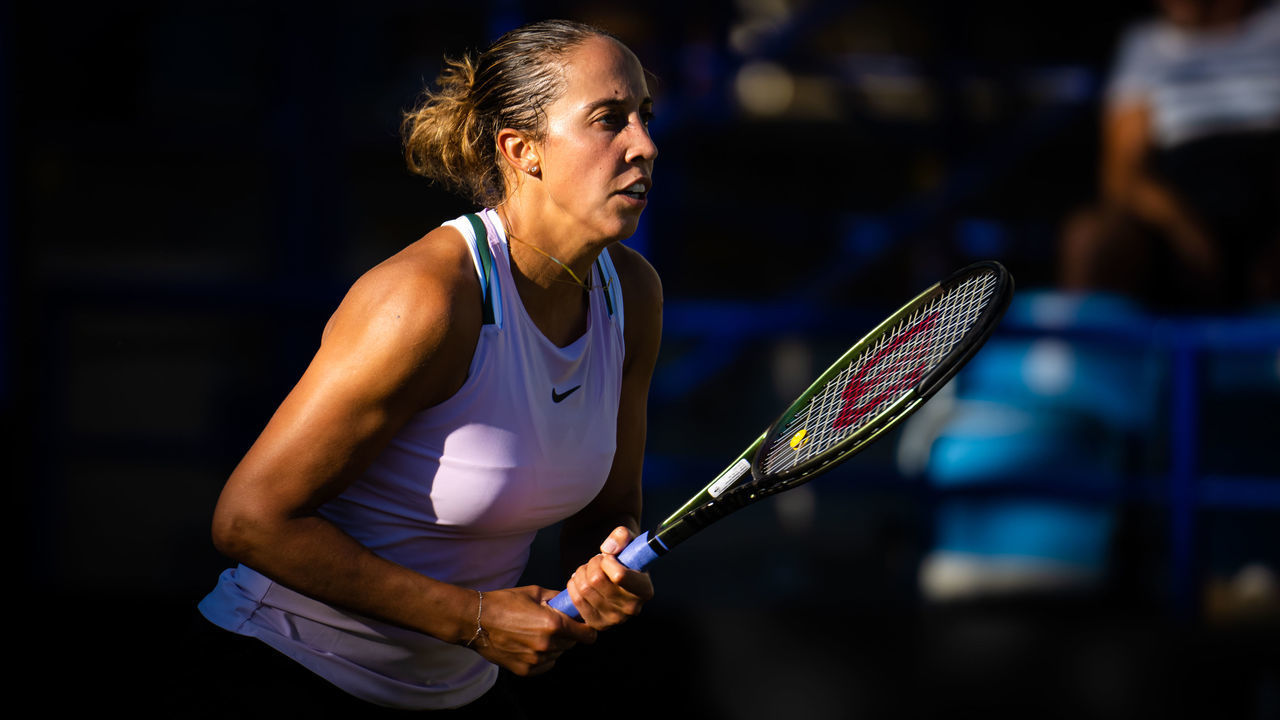 EASTBOURNE, ENGLAND - JUNE 22: Madison Keys of the United States in action against Jelena Ostapenko of Latvia in her third round match on Day 5 of the Rothesay International at Devonshire Park on June 22, 2022 in Eastbourne, England