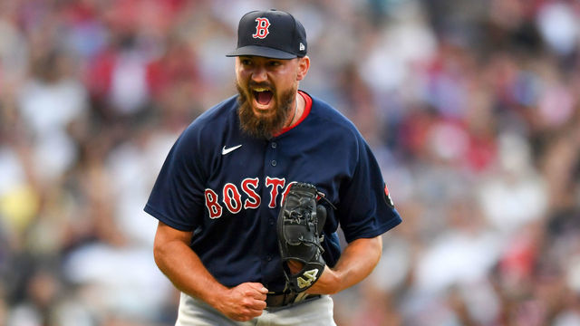CLEVELAND, OH - JUNE 25: John Schreiber #46 of the Boston Red Sox celebrates striking out Amed Rosario of the Cleveland Guardians during the seventh inning at Progressive Field on June 25, 2022 in Cleveland, Ohio.