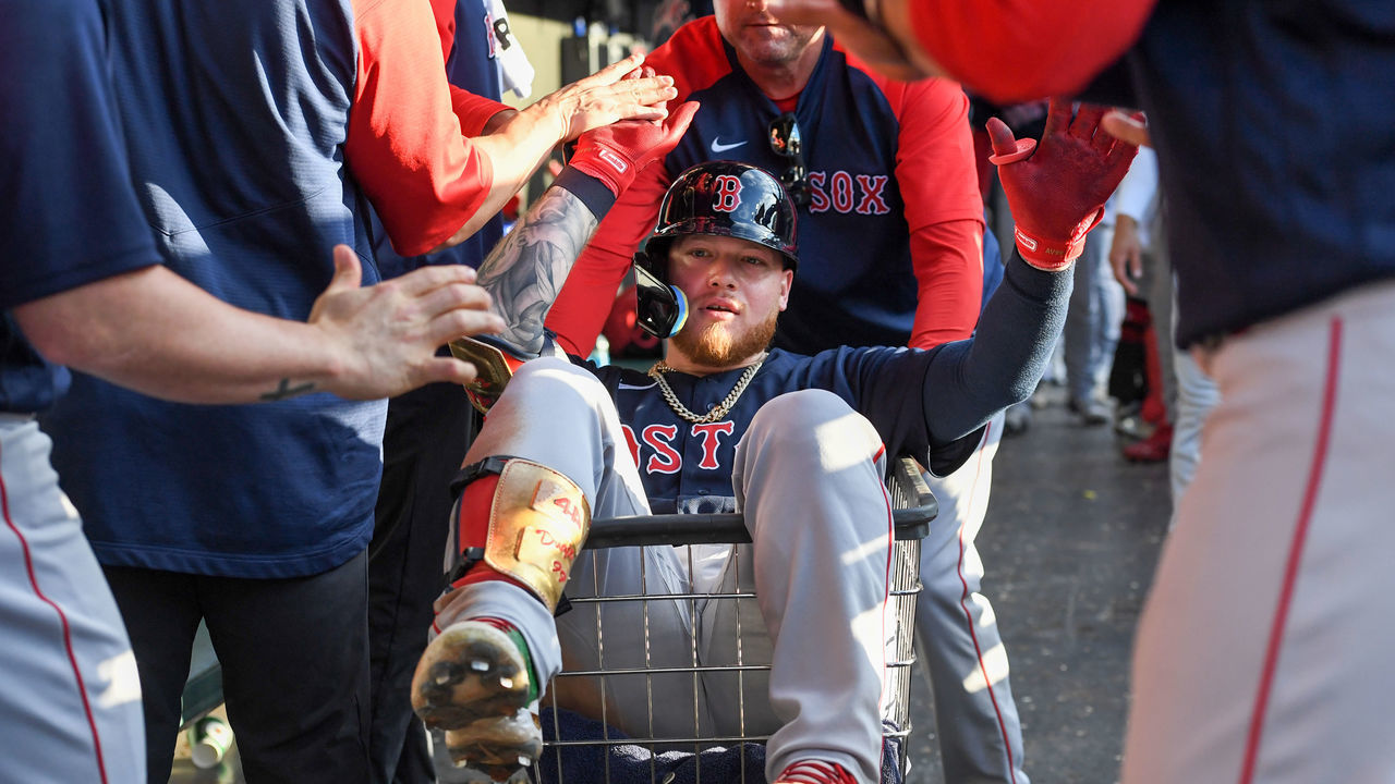 CLEVELAND, OH - JUNE 25: Alex Verdugo #99 of the Boston Red Sox celebrates with teammates after hitting a three-run home run off Shane Bieber of the Cleveland Guardians during the sixth inning at Progressive Field on June 25, 2022 in Cleveland, Ohio.