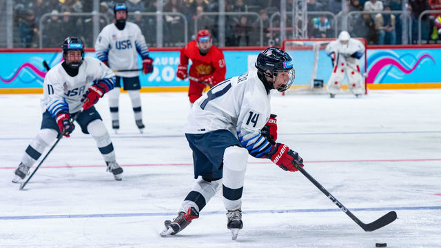 LAUSANNE, SWITZERLAND - JANUARY 22: #14 Frank Nazar of United States in action during Men's 6-Team Tournament Gold Medal Game between Russia and United States of the Lausanne 2020 Winter Youth Olympics on January 22, 2021 in Lausanne, Switzerland.