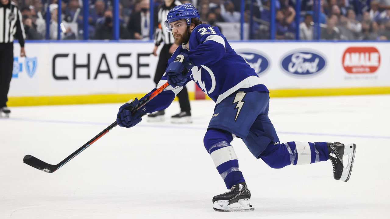 TAMPA, FL - MAY 12: Brayden Point #21 of the Tampa Bay Lightning skates against the Toronto Maple Leafs during the third period in Game Six of the First Round of the 2022 Stanley Cup Playoffs at Amalie Arena on May 12, 2022 in Tampa, Florida.