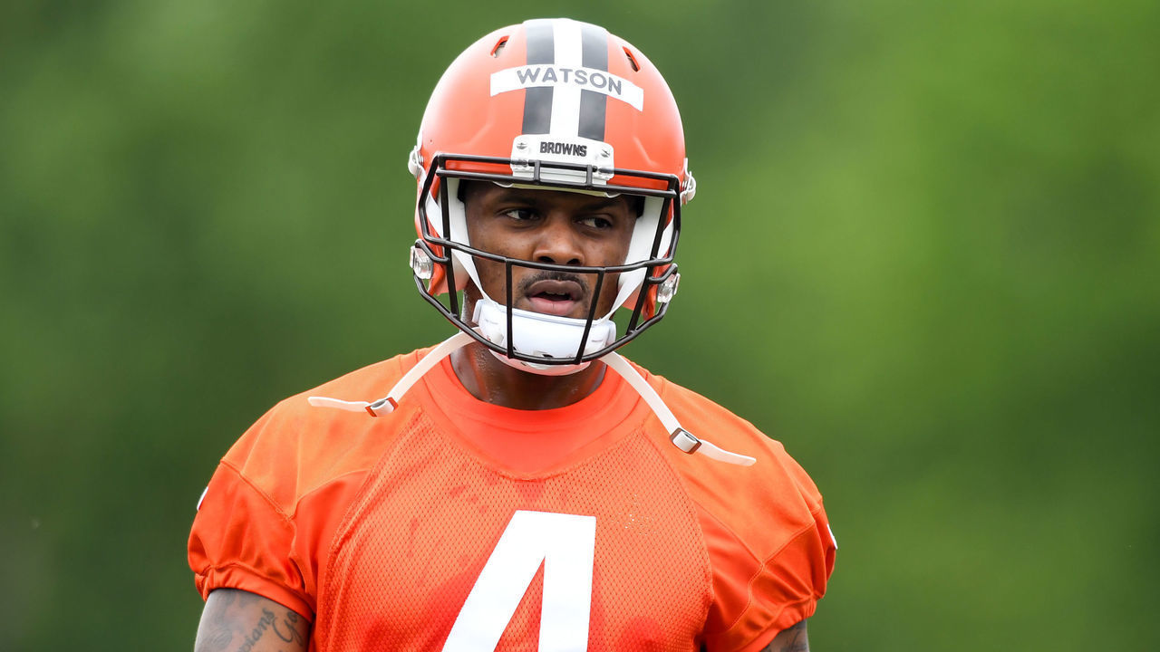BEREA, OH - JUNE 14: Deshaun Watson #4 of the Cleveland Browns looks on during the Cleveland Browns mandatory minicamp at CrossCountry Mortgage Campus on June 14, 2022 in Berea, Ohio.