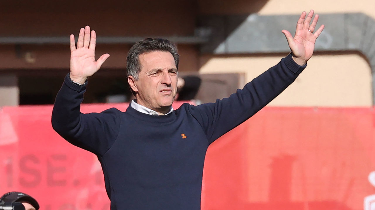 Lorient's French coach Christophe Pelissier reacts during the French L1 football match between AS Monaco and Lorient at the "Louis II" stadium in Monaco, on February 13, 2022.
