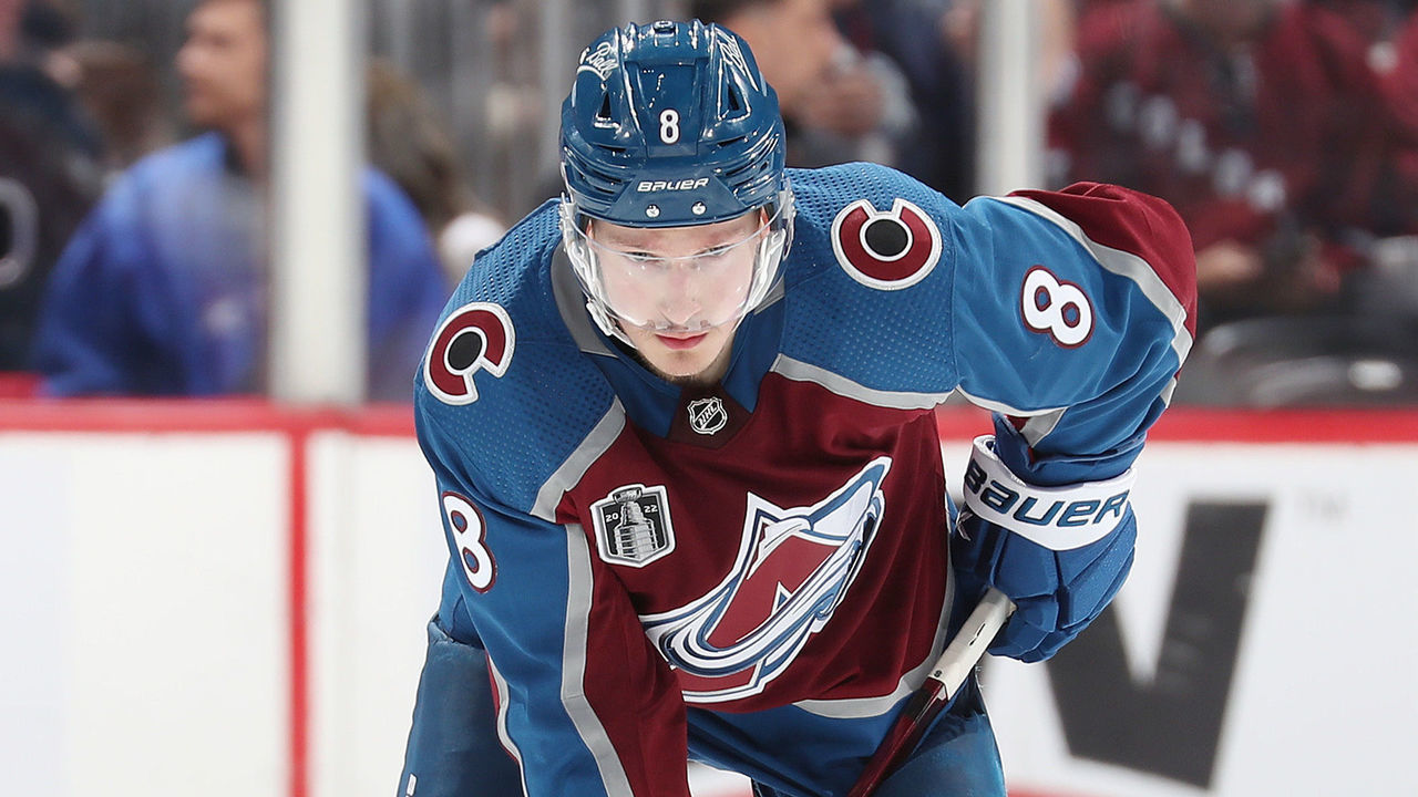 DENVER, COLORADO - JUNE 18: Cale Makar #8 of the Colorado Avalanche skates against the Tampa Bay Lightning in Game Two of the 2022 Stanley Cup Final at Ball Arena on June 18, 2022 in Denver, Colorado.