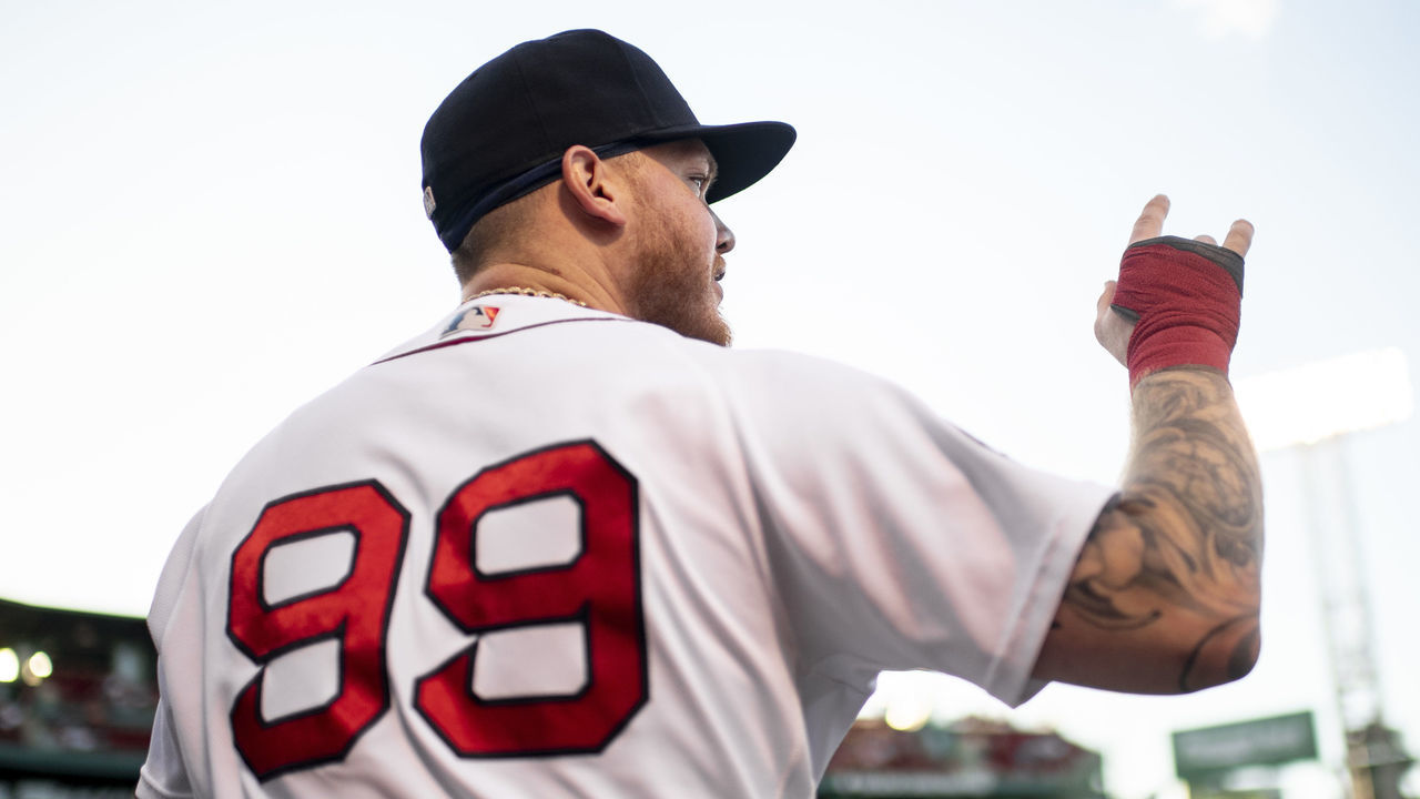 BOSTON, MA - JUNE 17: Alex Verdugo #99 of the Boston Red Sox reacts before a game against the St. Louis Cardinals on June 17, 2022 at Fenway Park in Boston, Massachusetts.