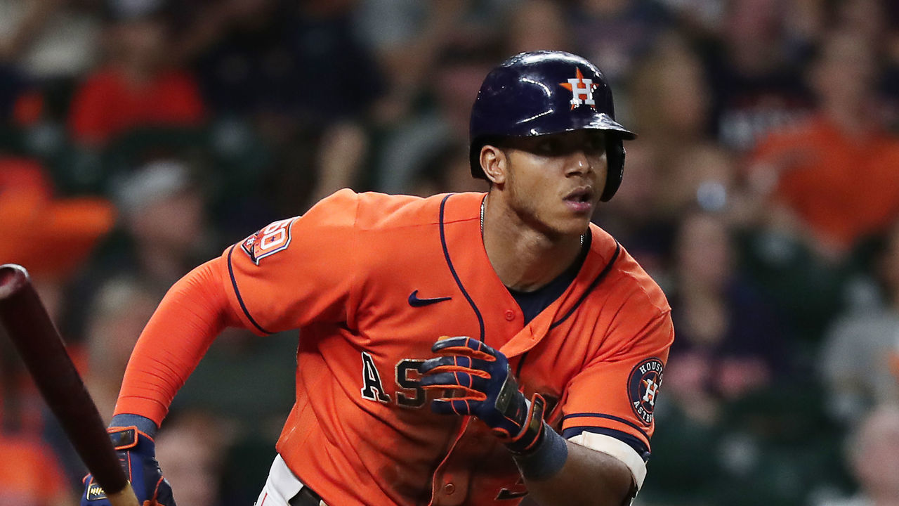 HOUSTON, TEXAS - JUNE 10: Jeremy Pena #3 of the Houston Astros runs to first base on his fly-out to right field in the fourth inning against the Miami Marlins at Minute Maid Park on June 10, 2022 in Houston, Texas.